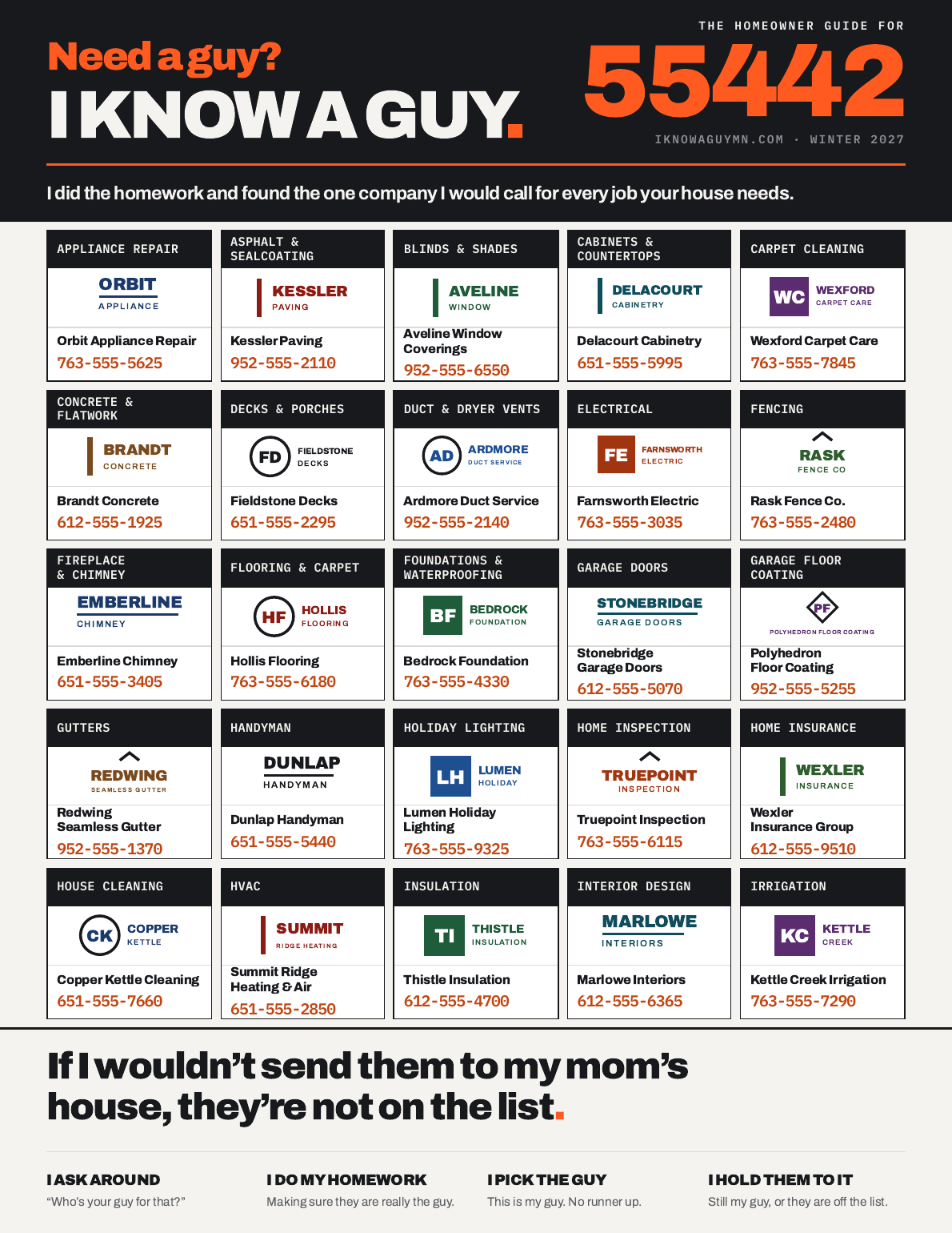 Front of the printed guide: fifty services, one company per service